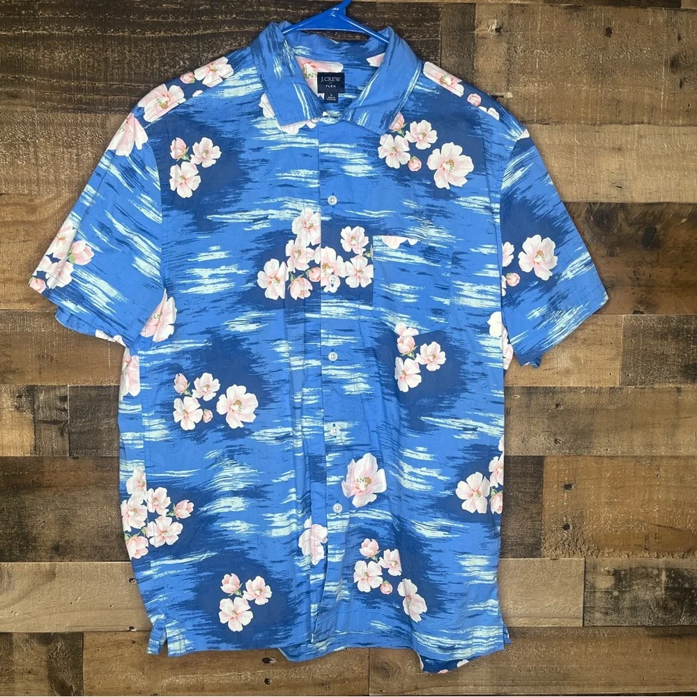 J.Crew Hawaiian Shirt Mens Size Large Flex Fit Floral Blue Tropical Island‎